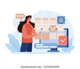 Public opinion polling. Female character participation in an online survey. Assessing woman impression of services. Opinion questionnaire form. Flat vector illustration