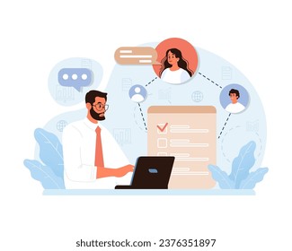 Public opinion polling. Male character participation in an online survey. Assessing man impression of services. Opinion questionnaire form. Flat vector illustration