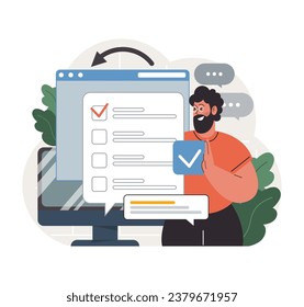 Public opinion polling. Male character participation in an online survey. Assessing man impression of services. Opinion questionnaire form. Flat vector illustration
