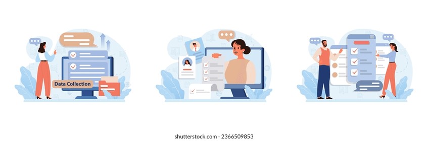 Public opinion polling set. Character participation in an online survey. Assessing people's impression of services. Opinion questionnaire form. Flat vector illustration