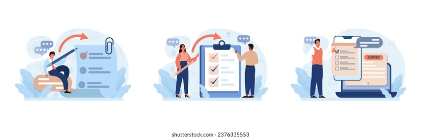 Public opinion polling set. Character participation in an online survey. Assessing people's impression of services. Opinion questionnaire form. Flat vector illustration