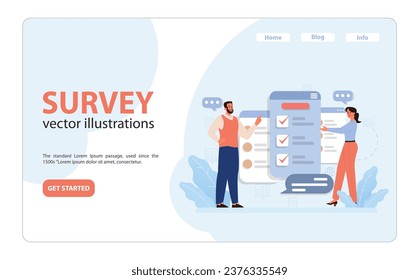 Public opinion polling web banner or landing page. Characters participation in an online survey. Assessing people's impression of services. Opinion questionnaire form. Flat vector illustration