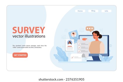 Public opinion polling web banner or landing page. Female character participation in an online survey. Assessing woman impression of services. Opinion questionnaire form. Flat vector illustration