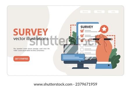 Public opinion polling web banner or landing page. Character participation in an online survey. Assessing people's impression of services. Opinion questionnaire form. Flat vector illustration