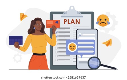 Public opinion research. Woman standing near content plan and smartphone. Survey and questionnaire. SMM specialist analyzing feedback and users opinion. Flat vector illustration