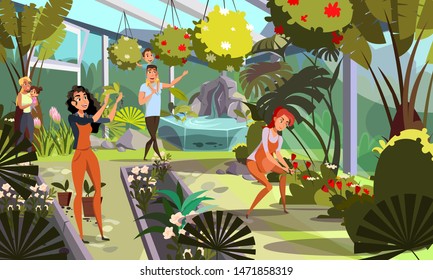 Public Orangery Flat Vector Illustration. Young Gardeners And Parents With Kids Cartoon Characters. Greenhouse Tour, Family With Children On Stroll. Botanical Garden, Plant Nursery, Flowers Growing