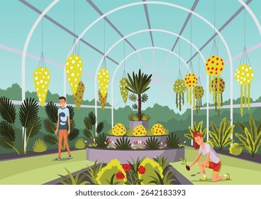 Public orangery flat vector illustration. Young gardeners cartoon characters. Greenhouse tour. Botanical garden, plant nursery, flowers growing