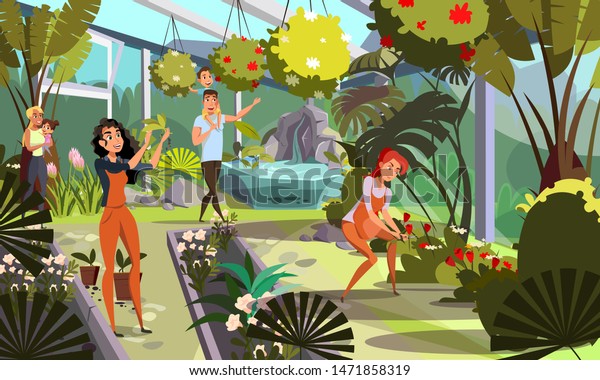 公共のオレンジ色の平らなベクターイラスト 若い庭師や子どもの漫画のキャラクターを持つ親 温室ツアー 子ども連れの家族が散策 植物園 苗木園 花を育てる のベクター画像素材 ロイヤリティフリー