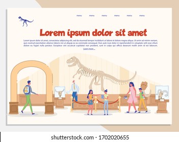 Página de Aterrizaje del Museo Paleontológico Público. Entretenimiento educativo para adultos, niño, invitación estudiantil. Esqueleto óseo de tirannosaur, Exposición de cráneo de animales salvajes. Ilustración vectorial