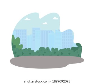 Public park 2D vector web banner, poster. Skyline with modern building. Street near trees. Urban flat scene on cartoon background. City downtown district printable patch, colorful web element