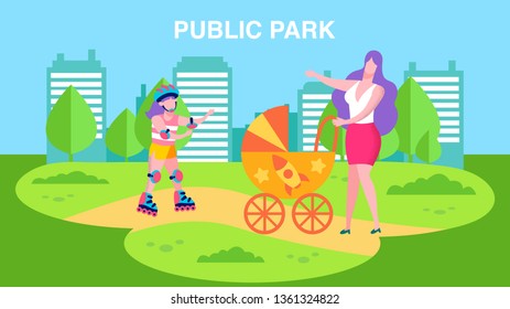 Public Park Advertisement Banner with Promo Text in Cartoon Style Vector Illustration Mother Walking Baby in Stroller Girl Skating Rollers City Leisure for Population Offer Recreation on Fresh Air