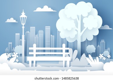 Public Park with bench, Background of landscape paper cut style, eps 10 vector.