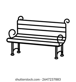 Public park bench with iron arms detailed outline in line art Vector illustration