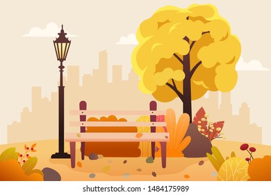 Public Park with bench and leaves falling, Background of landscape cartoon style, eps 10 vector. 