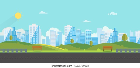 Public Park With Bench Main Street City With Sky And City Background.Beautiful Nature Scene With Town And Hill.Clean Spring Amazing Scenery. Vector Illustration.Road With Urban