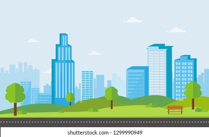 Public park with bench main street city with sky and cityscape background.Beautiful nature scene with town and hill.Clean spring amazing scenery. Vector illustration.Road with urban city