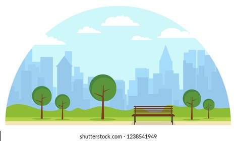 Public park with a bench on the background of green lawn. A bench in the park against the background of the cityscape. Cartoon illustration of a public park.