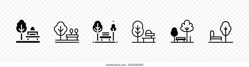 Public park with bench to sit. Park Icon mark in filled style, Park Icon Set. Tree, forest and bench vector icons. Park Icon logo sign vector outline