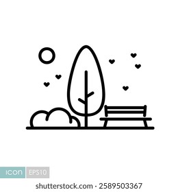 Public park bench and tree vector icon. Urban park. Nature sign. Graph symbol for travel and tourism web site and apps design, logo, app, UI