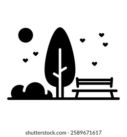 Public park bench and tree vector solid icon. Urban park. Nature sign. Graph symbol for travel and tourism web site and apps design, logo, app, UI