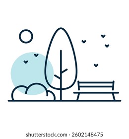 Public park bench and tree vector icon. Urban park. Nature sign. Graph symbol for travel and tourism web site and apps design, logo, app, UI