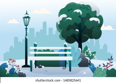 Public Park with bench in Winter. Background of cartoon style, EPS 10 vector.