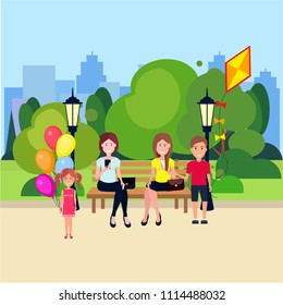 public park boy hold kite girl with bubbles outdoors woman sitting wooden bench street lamp green lawn trees on city buildings template background flat
