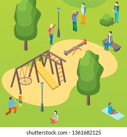 Public Park and Children Playground with People Concept Card Poster Scene Element Web Design Style. Vector illustration of Active Leisure in City