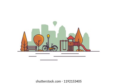 Public park in the city in autumn with children playground. Vector illustration.