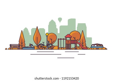 Public park in the city in autumn with children playground. Vector illustration.