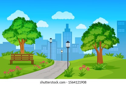 Public park in city with bench 