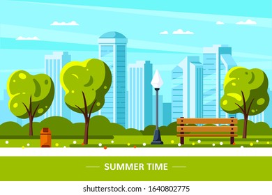 Public park in the city with bench, trees and streetlight. Big city on background. Summer background. Flat style banner design.