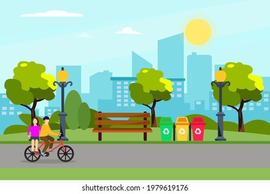 Public park in the city with bench, trees and streetlight. Big city on background. Summer background. landing page website illustration flat vector template.