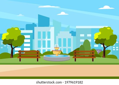 Public park in the city with bench, trees and streetlight. Big city on background. Summer background. landing page website illustration flat vector template.