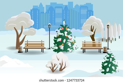 Public park in a city with  benches, lamps, trees, bushes, skyline silhouettes and christmas tree. Winter day in the park. Flat vector illustration.