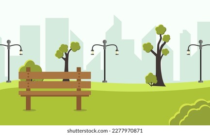 Public park in the city with chairs Vector illustration, spring landscape background