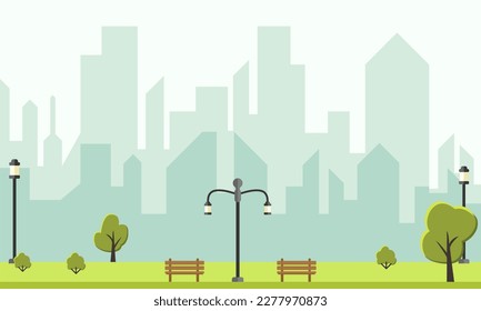 Public park in the city with chairs Vector illustration, spring landscape background