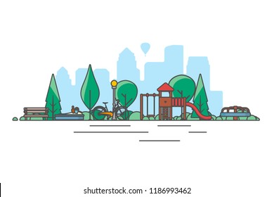 Public park in the city with children playground. Vector illustration.
