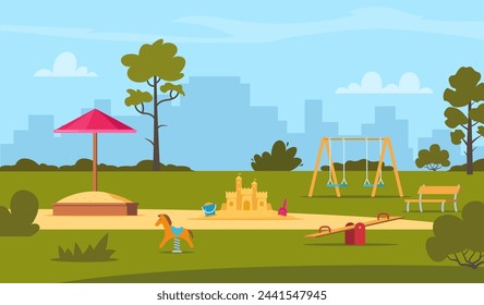 Public park in the city with children playground. Children's entertainment playground elements. Slide, benches, sandbox, swing and recreation park, toys. Place children games. Vector illustration