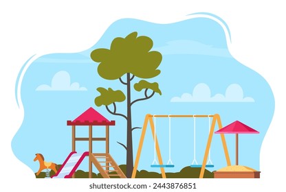 Public park in the city with children playground. Children's entertainment playground elements. Slide, benches, sandbox, swing and recreation park, toys. Place children games. Vector illustration