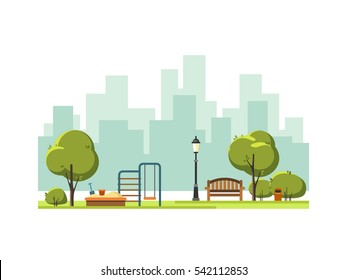 Public park in the city with children playground. Vector illustration.