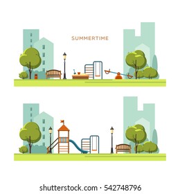 Public Park In The City With Children Playground. Spring Season. Vector Illustration.