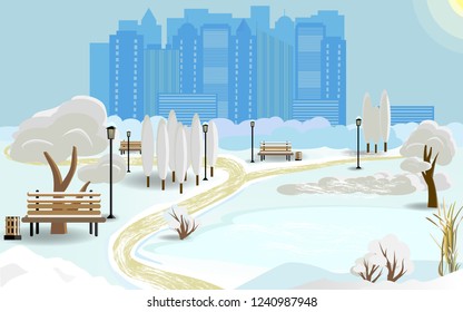 Public park in a city with a frozen lake, benches, lamps, trees, bushes, path, cane and skyline silhouettes. Sunny winter day in the park. Flat vector illustration.