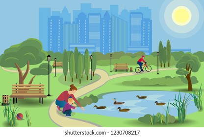 Public park in a city with a lake, benches, lamps, skylines in the distance and characters: cyclist and mum and son, feeding the ducks. Sunny summer day in the park. Flat vector illustration.