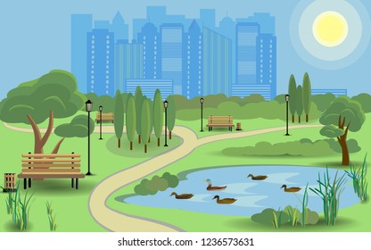 Public park in a city with a lake, benches, lamps, skyline silhouettes in the distance. Sunny summer day in the park. Can use for web banner. Vector illustration in flat style.
