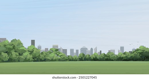 Public park in the city with skyscraper behind graphic illustration have blank space at blue sky background.