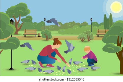 Public park in a city with the trees, bushes, benches, lamps, path and characters: mum and son, feeding the pigeons. Can use for web banner, hero images. Vector illustration.