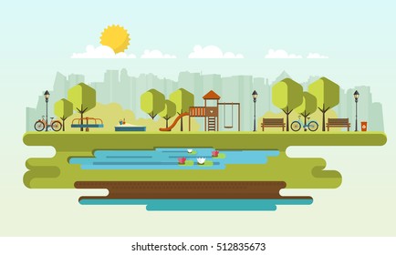 Public park in the City. Vector Flat illustration.

