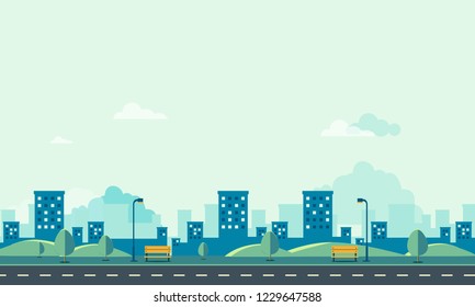 Public park with cityscape and sky background vector illustration.Beautiful nature scene design.Spring landscape with main street.Road with park and bench.