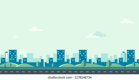 Public park with cityscape and sky background vector illustration.Beautiful nature scene design.Spring landscape with main street